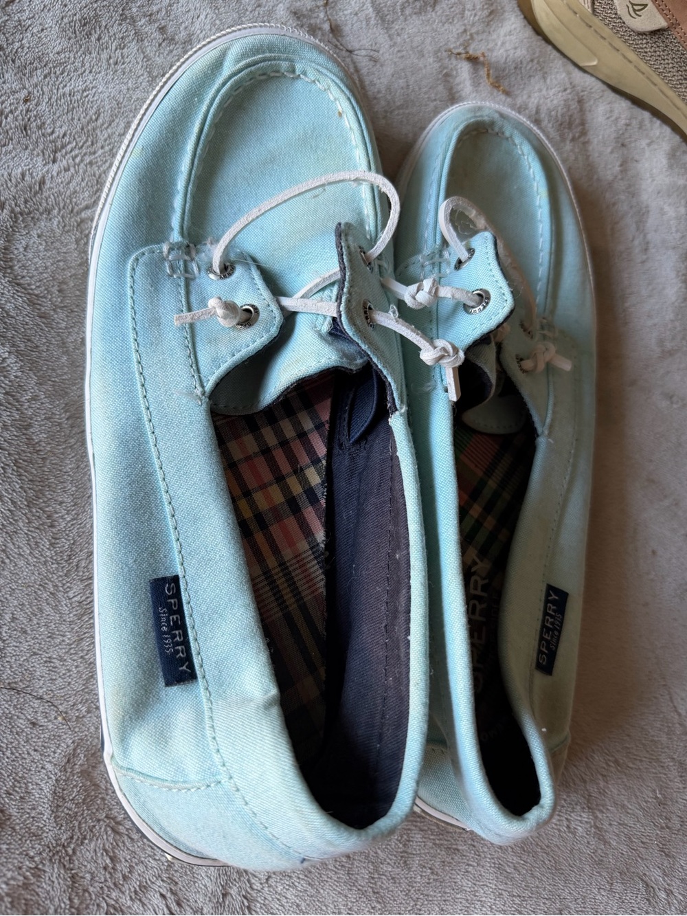 Sperry Aqua Canvas Boat Shoes with White Laces